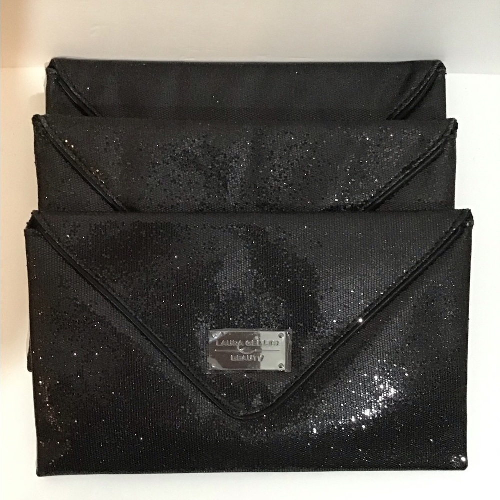 Laura Geller  Envelope Clutch Cosmetic Black Glitter Bag Lot of 3!